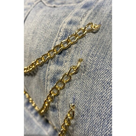 True Religion Blue Denim Distressed Chain Statement Jacket Sz S Biker - Picture 6 of 9